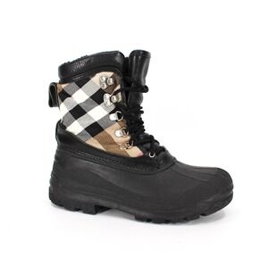 Burberry Black Tan Nova Check Snow Rain Boots 36 Rubber Leather Canvas Shoes